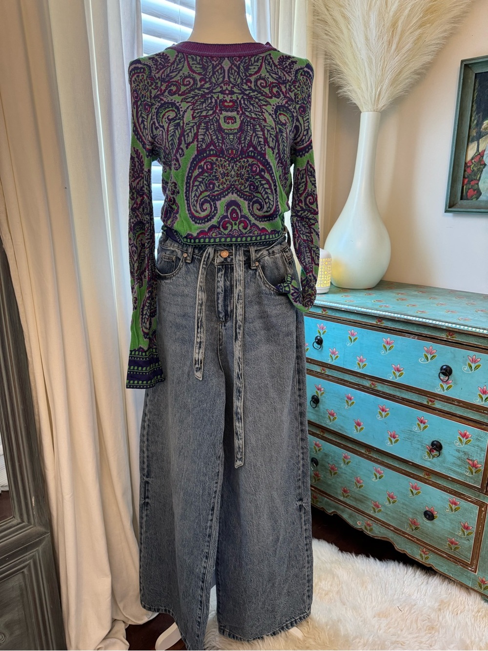 Free People New Age Paisley Cropped Crewneck Sweater – Size Small